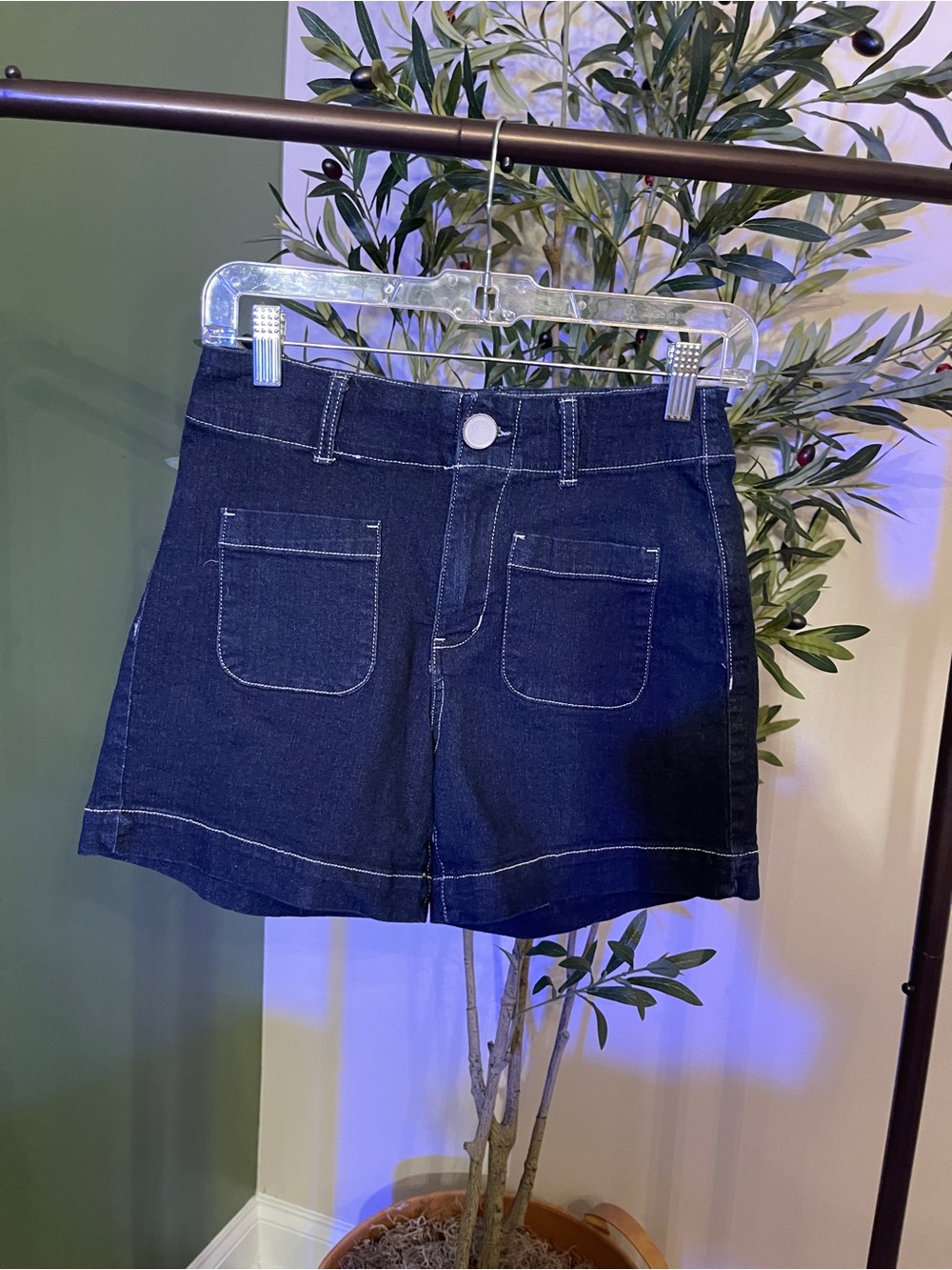Rachel Zoe Dark Blue Denim Patch-Pocket Shorts